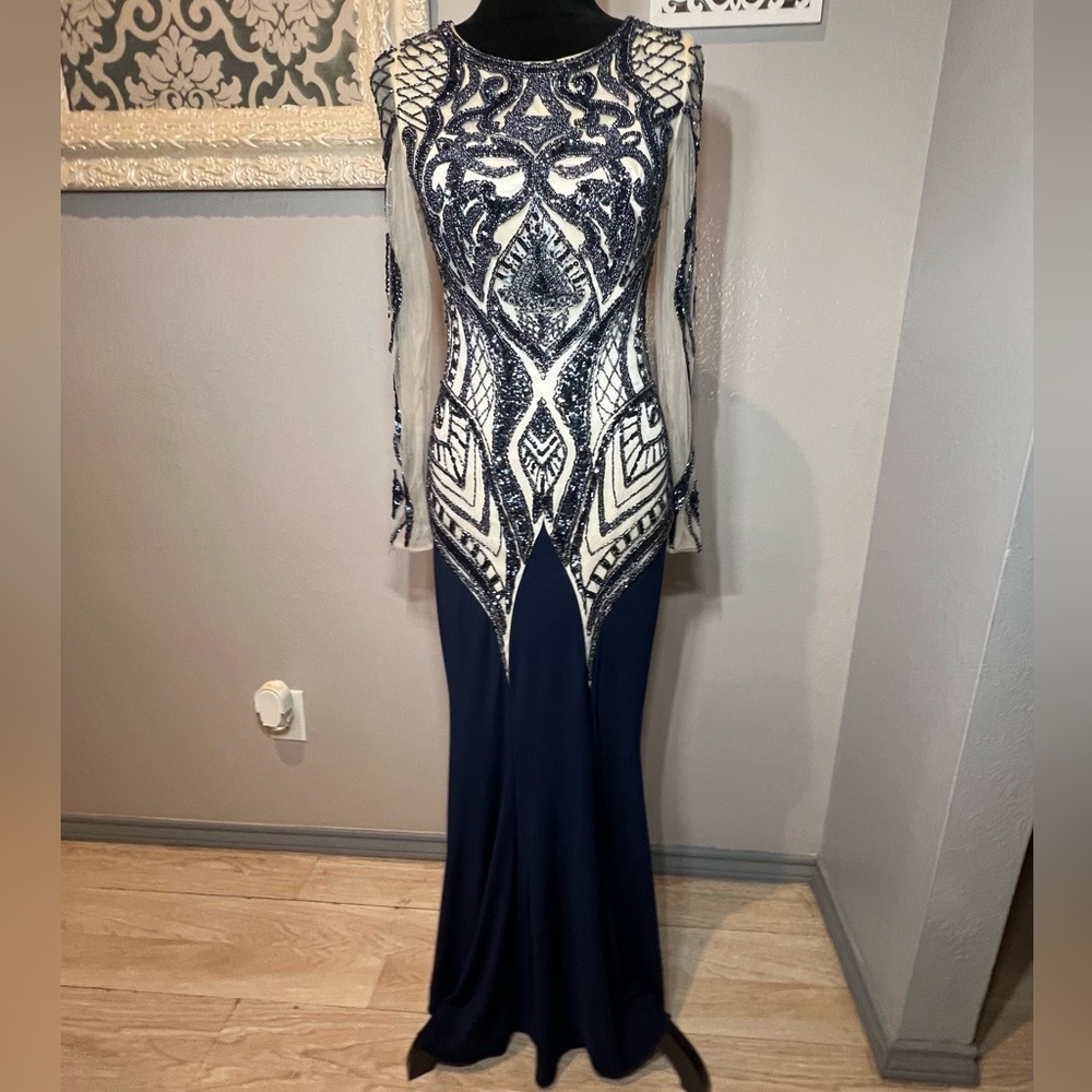 Elegant Atria Couture Navy Blue and Cream Evening Gown